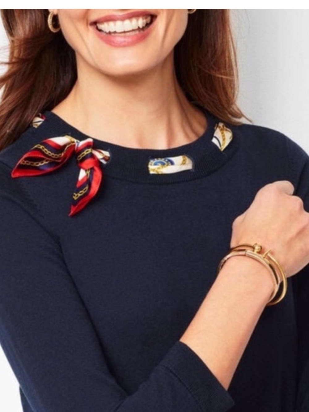 Talbots Plus Silk Scarf Neckline Accent Navy Ribbed Nautical Top Sweater 2X